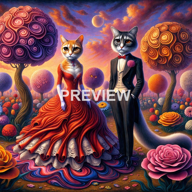 Two anthropomorphic cats dressed in formal attire, a female in a flowing red gown and a male in a tuxedo, stand in a surreal, colorful, fantasy landscape with stylized trees and a glowing sky.